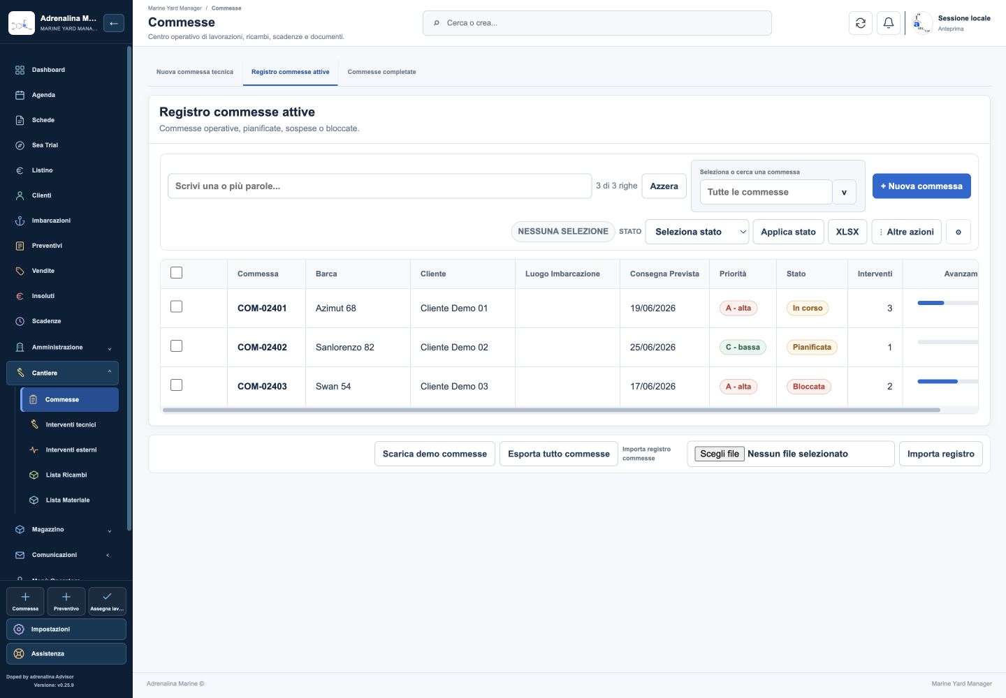 Work-order register with search, filters, status, priority and progress