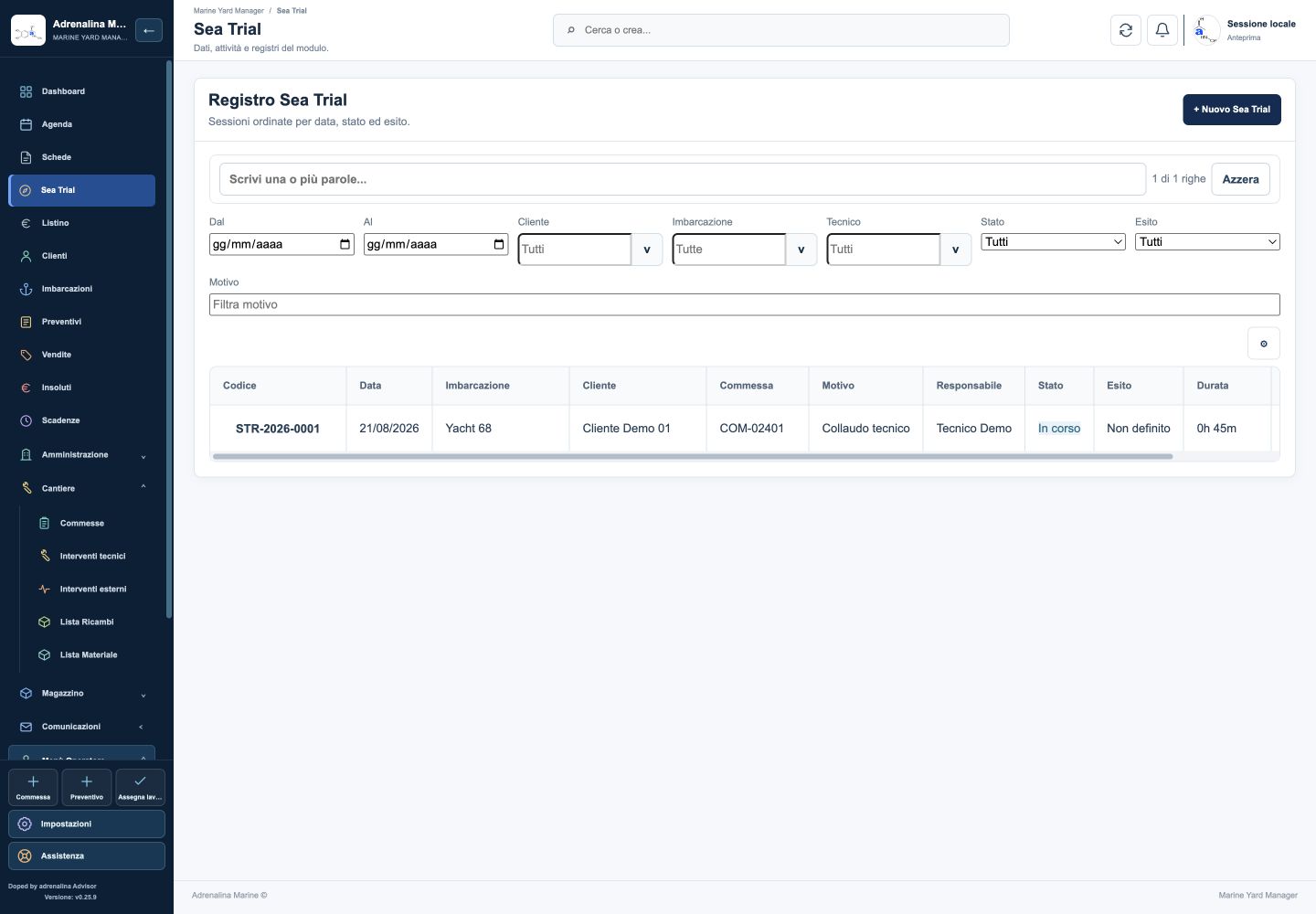 Sea Trial register with filters for period, vessel, technician, status and outcome