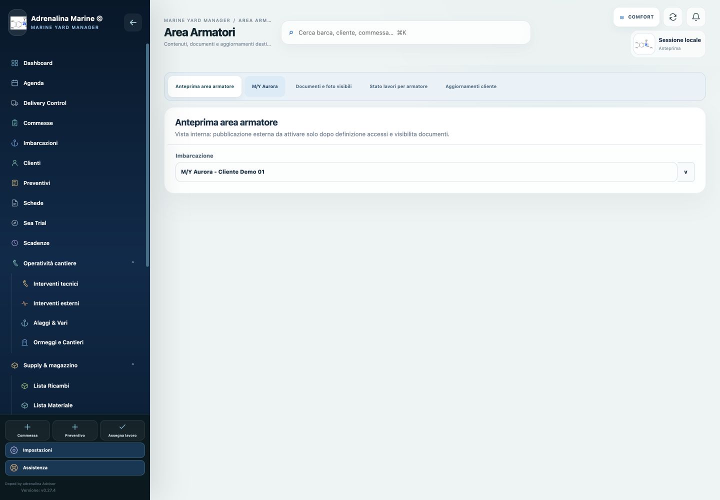 Anteprima interna e anonimizzata dell’Area Armatori in sviluppo nella versione v0.27.4.