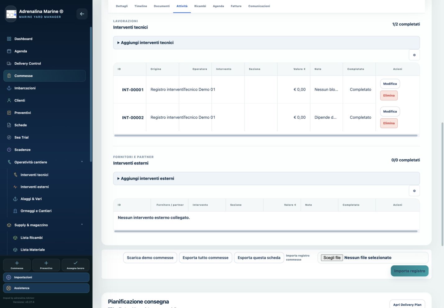 Scheda Attività della commessa v0.27.4 con interventi tecnici, interventi esterni e Delivery Plan collegato.