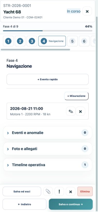 Sea Trial v0.27.4 su smartphone con procedura guidata, evento rapido e misurazione.